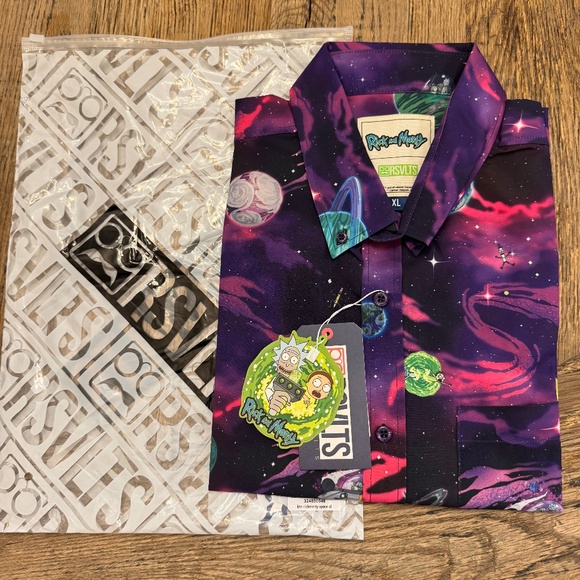 RSVLTS Shirt Mens XL  Rick And Morty Space Galaxy Cosmos Purple Button Up - Picture 1 of 8